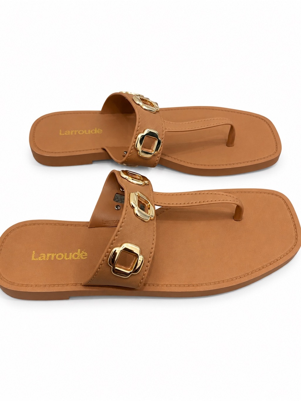 Larroude Tan Slide Sandals with Gold Buckle Detail - Picture 6 of 7
